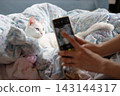 A pet owner's daily routine: taking photos of their white cat relaxing in bed with their smartphone. 143144317