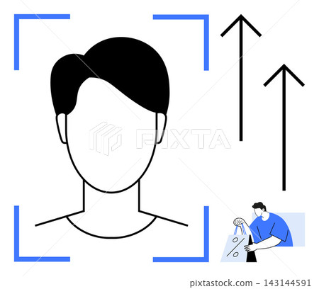 Identity verification, biometrics, technology trends, e-commerce, user authentication, digital security. Abstract face scan element with upward arrows and a shopping figure. Identity verification Identity verification, biometrics, technology trends, e-commerce, user authentication, digital security. Abstract face scan element with upward arrows and a shopping figure. Identity verification 143144591