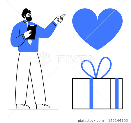 Love, appreciation, gift-giving, relationship building, celebrations, emotional connection. Illustration of a person pointing at a heart next to a wrapped gift box. Love and appreciation concept 143144593
