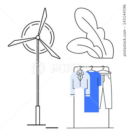 Sustainability, renewable energy, eco-friendly fashion, green living, environmental awareness, innovation. Wind turbine with hanging clothes and leaves. Sustainability and eco-friendly fashion Sustainability, renewable energy, eco-friendly fashion, green living, environmental awareness, innovation. Wind turbine with hanging clothes and leaves. Sustainability and eco-friendly fashion 143144596