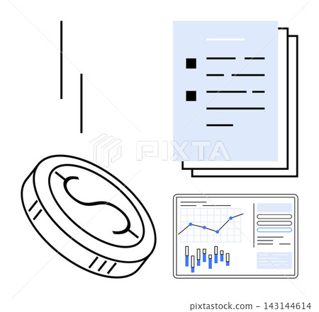 Finance, economics, business analytics, investment planning, data visualization, financial performance. A coin, documents and a data chart. Finance and economics concept Finance, economics, business analytics, investment planning, data visualization, financial performance. A coin, documents and a data chart. Finance and economics concept 143144614