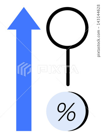 Business growth, market analytics, data analysis, financial success, progress tracking, focused research. Features a blue upward arrow, a black magnifying glass and a percent sign. Business growth 143144628