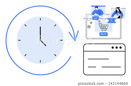Time management, e-commerce, cashback, digital transactions, online platforms, consumer behavior. Clock symbol, shopping cart and user interface elements. Time management and e-commerce Time management, e-commerce, cashback, digital transactions, online platforms, consumer behavior. Clock symbol, shopping cart and user interface elements. Time management and e-commerce 143144669