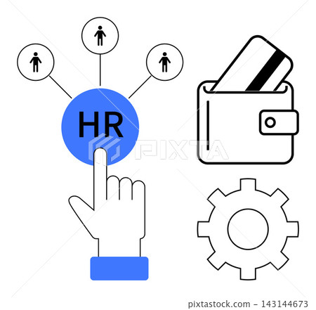 Human resources, digital payment, employee management, HR services, workforce tools, automation. Hand interacting with HR icon, wallet and gear illustration. Human resources and digital payment Human resources, digital payment, employee management, HR services, workforce tools, automation. Hand interacting with HR icon, wallet and gear illustration. Human resources and digital payment 143144673