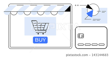 E-commerce, online transactions, business analytics, retail, digital payments, shopping concepts. Shopping cart with a buy button, payment card and analytics graphic. E-commerce and online E-commerce, online transactions, business analytics, retail, digital payments, shopping concepts. Shopping cart with a buy button, payment card and analytics graphic. E-commerce and online 143144683
