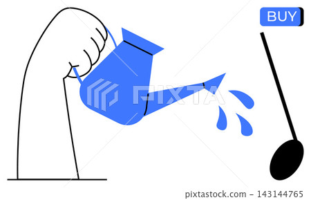 Business growth, e-commerce, investment, nurturing ideas, financial sustainability, digital marketing. Hand watering a seed near a buy button. Business growth and e-commerce concept Business growth, e-commerce, investment, nurturing ideas, financial sustainability, digital marketing. Hand watering a seed near a buy button. Business growth and e-commerce concept 143144765