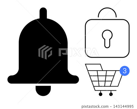 Notification, online shopping, cybersecurity, user alerts, secure transactions, digital communication. Black notification bell, lock symbol shopping cart with a blue alert number. Notification Notification, online shopping, cybersecurity, user alerts, secure transactions, digital communication. Black notification bell, lock symbol shopping cart with a blue alert number. Notification 143144995