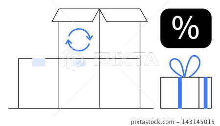 E-commerce, retail, sustainable shopping, logistics services, holiday promotions, discounts. Open boxes with recycling symbol and wrapped gift beside discount sign. E-commerce and retail promotion E-commerce, retail, sustainable shopping, logistics services, holiday promotions, discounts. Open boxes with recycling symbol and wrapped gift beside discount sign. E-commerce and retail promotion 143145015