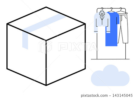 Online shopping, delivery services, e-commerce, storage, organization, digital logistics. A closed box with hanging clothes above a cloud. Online shopping and delivery services concept 143145045