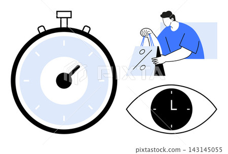 Time tracking, retail promotions, visual monitoring, e-commerce, productivity organization, and minimalistic design. Stopwatch, discount shopping bag eye with clock symbol . Time tracking and retail Time tracking, retail promotions, visual monitoring, e-commerce, productivity organization, and minimalistic design. Stopwatch, discount shopping bag eye with clock symbol . Time tracking and retail 143145055