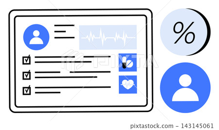 Healthcare data visualization, electronic records, user health monitoring, digital medical services, patient information, health analysis. A profile card with checklist, waveform, pills and heart Healthcare data visualization, electronic records, user health monitoring, digital medical services, patient information, health analysis. A profile card with checklist, waveform, pills and heart 143145061