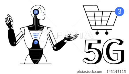 Artificial intelligence, future technology, e-commerce, digital communication, 5G networks, innovation. A robot gesturing near a shopping cart and 5G text. Artificial intelligence and e-commerce Artificial intelligence, future technology, e-commerce, digital communication, 5G networks, innovation. A robot gesturing near a shopping cart and 5G text. Artificial intelligence and e-commerce 143145115