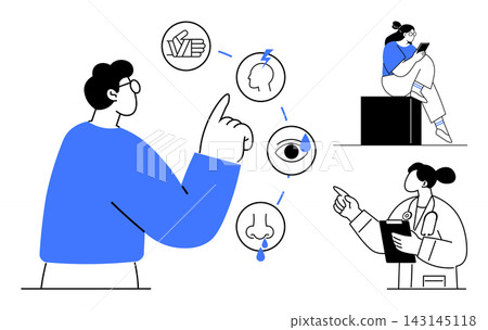 Healthcare, telemedicine, decision-making, diagnostics, virtual consultation, education. A person interacts with health icons, a seated woman uses a tablet and a doctor holds a clipboard. Healthcare Healthcare, telemedicine, decision-making, diagnostics, virtual consultation, education. A person interacts with health icons, a seated woman uses a tablet and a doctor holds a clipboard. Healthcare 143145118
