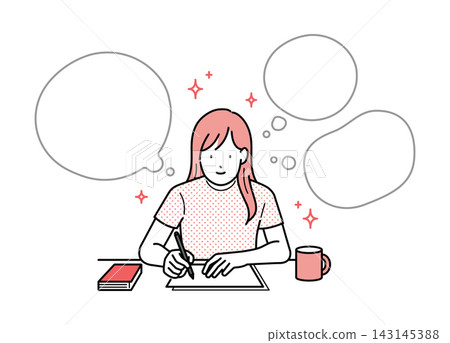 圖解:一位年輕女子正在愉快地寫作。 圖解:一位年輕女子正在愉快地寫作。 143145388