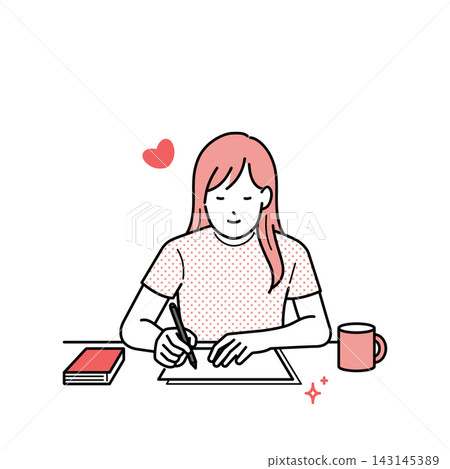 插畫素材:一位年輕女子正在寫信給她的愛人。 插畫素材:一位年輕女子正在寫信給她的愛人。 143145389