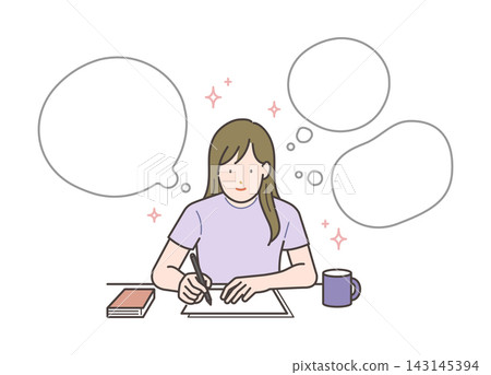 圖解:一位年輕女子正在愉快地寫作。 圖解:一位年輕女子正在愉快地寫作。 143145394