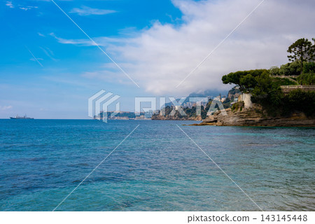 Monaco skyline and Le Rocher from French Riviera cliffs, daytime Monaco skyline and Le Rocher from French Riviera cliffs, daytime 143145448