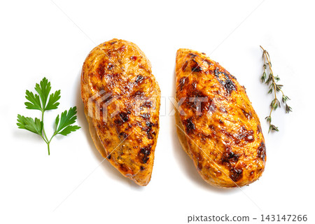 Roasted chicken fillet meat isolated on white Roasted chicken fillet meat isolated on white 143147266