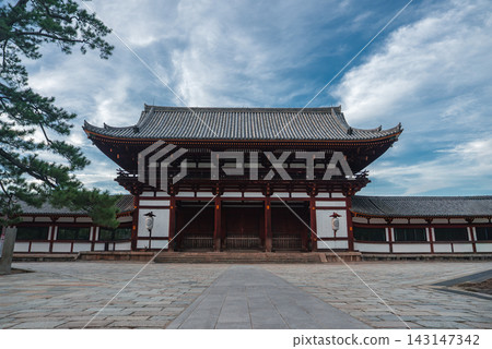 A grand wooden gate with red pillars and white walls stands in Nara, Japan. A tiled roof and eaves frame a stone forecourt leading to the entrance in daylight. A grand wooden gate with red pillars and white walls stands in Nara, Japan. A tiled roof and eaves frame a stone forecourt leading to the entrance in daylight. 143147342