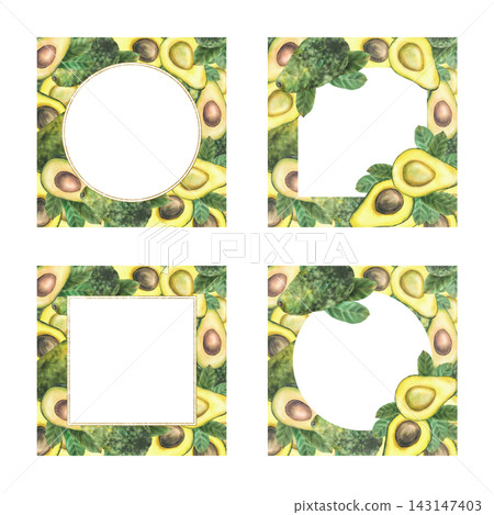 Avocado frame set with whole and sliced fruits, leaves and seeds. Hand painted watercolor botanical realistic illustration with square, circle copy space for labels, food packaging, isolated on white. Avocado frame set with whole and sliced fruits, leaves and seeds. Hand painted watercolor botanical realistic illustration with square, circle copy space for labels, food packaging, isolated on white. 143147403