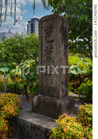 A weathered stone stele with vertical Japanese characters stands in a Tokyo park, framed by lotus leaves and shrubs, with a modern high rise visible behind. A weathered stone stele with vertical Japanese characters stands in a Tokyo park, framed by lotus leaves and shrubs, with a modern high rise visible behind. 143148048