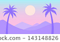 Pastel tropical sunset landscape with palm trees, retro vaporwave mountains and soft sun 143148826