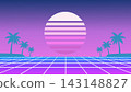 Retro vaporwave sunset with neon grid and palm trees over tropical horizon 143148827