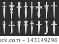 Fantasy metallic Medieval swords, big icon set on dark background. Monochrome glossy steel vector signs of RPG weapon symbols, iron swords for UI, UX, mobile apps, web, game interfaces, etc. Fantasy metallic Medieval swords, big icon set on dark background. Monochrome glossy steel vector signs of RPG weapon symbols, iron swords for UI, UX, mobile apps, web, game interfaces, etc. 143149296