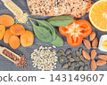 Nutritious products and ingredients containing differents vitamins or minerals for healthy hair 143149607