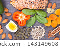 Various nutritious products or ingredients containing vitamins and minerals 143149608