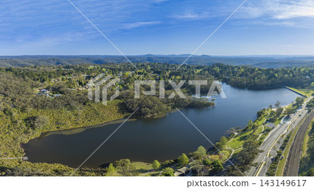 Aerial panorama of Wentworth Falls Lake and forestry in the Blue Mountains Aerial panorama of Wentworth Falls Lake and forestry in the Blue Mountains 143149617