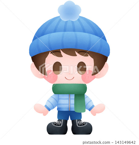 手繪風格的男孩，穿著冬季服裝 143149642