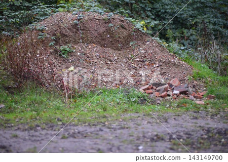 Gravel sand pile overgrown with ivy an grasses Gravel sand pile overgrown with ivy an grasses 143149700