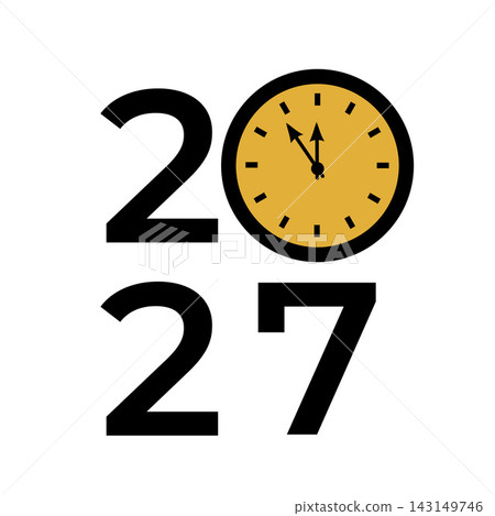 2027 New Year typography poster with clock. Vector template for banner, sign, greeting card, shirt design, etc. 2027 New Year typography poster with clock. Vector template for banner, sign, greeting card, shirt design, etc. 143149746