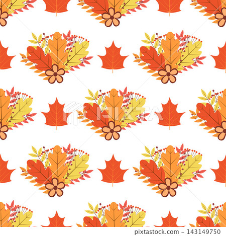 Autumn seamless pattern. Fall vector background. Multicolor leaves, flowers and berries. Perfect for fabric, textile, scrapbooking, wrapping paper, etc. Autumn seamless pattern. Fall vector background. Multicolor leaves, flowers and berries. Perfect for fabric, textile, scrapbooking, wrapping paper, etc. 143149750