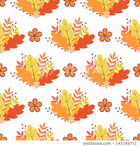 Autumn seamless pattern. Fall vector background. Multicolor leaves, flowers and berries. Perfect for textile, fabric, scrapbooking, wrapping paper, etc. Autumn seamless pattern. Fall vector background. Multicolor leaves, flowers and berries. Perfect for textile, fabric, scrapbooking, wrapping paper, etc. 143149751