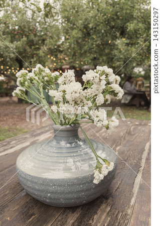 White limonium flowers in ceramic vase on wooden outdoor table White limonium flowers in ceramic vase on wooden outdoor table 143150297