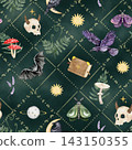 Mystical Halloween seamless pattern with ravens, bats, horned skulls, moths, mushrooms, moon symbols, herbs and an enchanted book on a deep green background with gold details 143150355