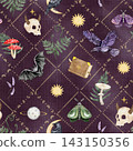 Mystical Halloween artwork featuring ravens, bats, horned skulls, colorful moths, mushrooms, herbs, moons and an enchanted book arranged with gold details on a rich purple background. 143150356