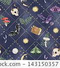 Dark mystical Halloween artwork featuring ravens, flying bats, horned skulls, moths, mushrooms, herbs, moons and an enchanted book with fine gold details on a blue purple background. 143150357