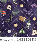 Mystical Halloween artwork featuring ravens, bats, horned skulls, colorful moths, mushrooms, herbs, moons and an enchanted book arranged with gold details on a rich purple background. 143150358