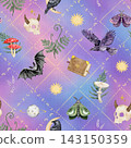 Whimsical Halloween artwork featuring ravens, bats, horned skulls, colorful moths, mushrooms, herbs, moons and stars arranged in a decorative composition on a soft pink and blue background. 143150359