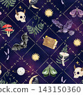 Mystical Halloween artwork featuring ravens, bats, horned skulls, colorful moths, mushrooms, herbs, moons and an enchanted book arranged with gold details on a rich purple background. 143150360