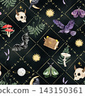 Mystical Halloween artwork featuring ravens, bats, horned skulls, colorful moths, mushrooms, herbs, moons and an enchanted book arranged with gold details on a black background. 143150361