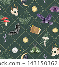 Mystical Halloween artwork featuring ravens, bats, horned skulls, moths, mushrooms, herbs, golden stars and an enchanted book arranged with delicate lines on a deep forest green background. 143150362
