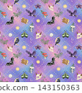 Whimsical Halloween artwork featuring ravens, bats, horned skulls, colorful moths, mushrooms, herbs, moons and stars arranged in a decorative composition on a soft pink and blue background. 143150363