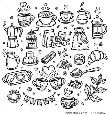 Cute doodle cartoon coffee shop icons. Outline hand drawn for coffee and bakery for cafe menu Cute doodle cartoon coffee shop icons. Outline hand drawn for coffee and bakery for cafe menu 143150870