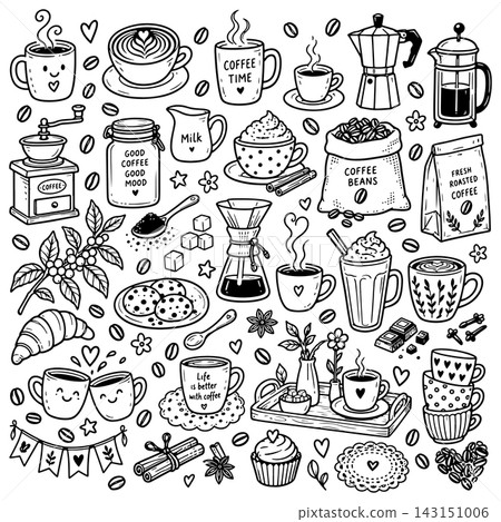 Cute doodle cartoon coffee shop icons. Outline hand drawn for coffee and bakery for cafe menu Cute doodle cartoon coffee shop icons. Outline hand drawn for coffee and bakery for cafe menu 143151006
