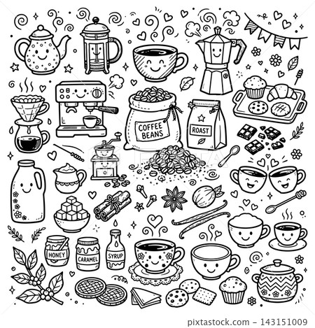 Cute doodle cartoon coffee shop icons. Outline hand drawn for coffee and bakery for cafe menu Cute doodle cartoon coffee shop icons. Outline hand drawn for coffee and bakery for cafe menu 143151009