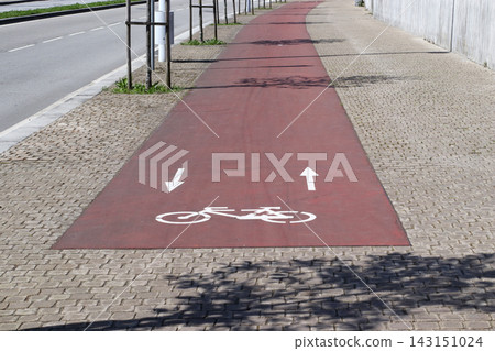 Dedicated bicycle lane with white directional arrows painted on a red cycling path beside a city street. Urban transport infrastructure designed to improve safety for cyclists. Dedicated bicycle lane with white directional arrows painted on a red cycling path beside a city street. Urban transport infrastructure designed to improve safety for cyclists. 143151024